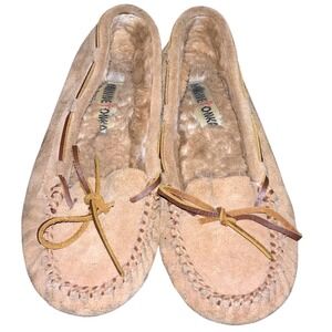 Minnetonka Tan Moccasins Womens Size 7 Slip-on Tan Suede Faux Fur Lined Slippers